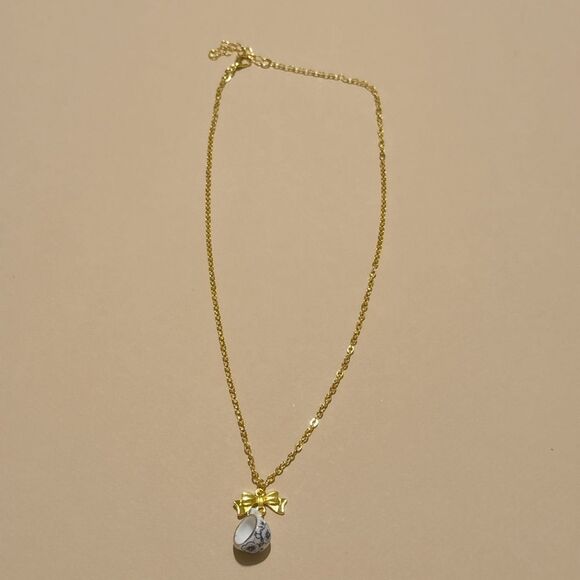 Gold and Blue Bow Pendant Necklace S926 - Picture 3 of 5